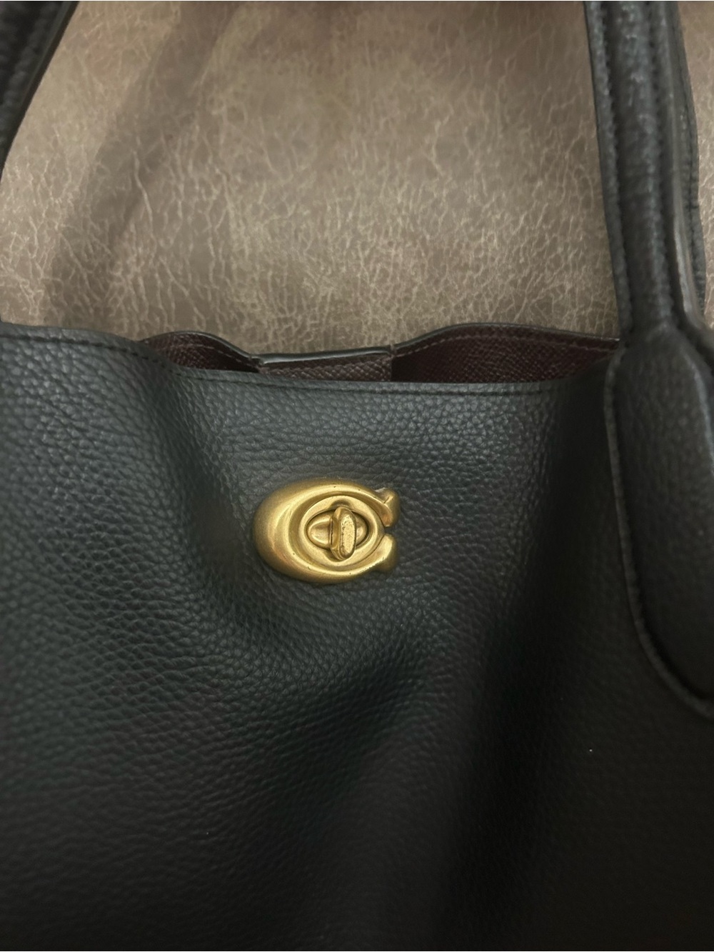 Coach Black Leather Tote with Gold Turnlock Accent
